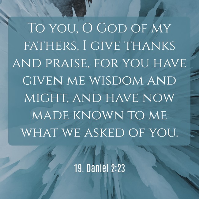 To you, O God of my fathers, I give thanks and praise, for you have given me wisdom and might, and have now made known to me what we asked of you. - 19. Daniel 2:23