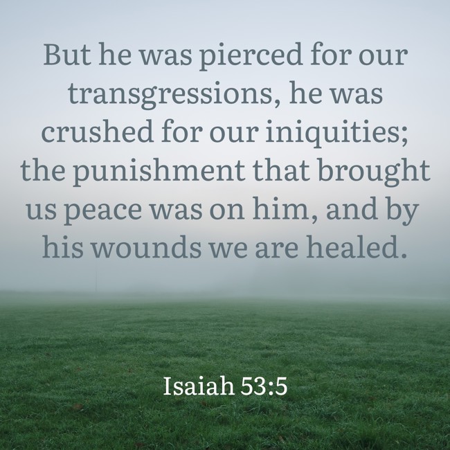 But he was pierced for our transgressions, he was crushed for our iniquities; the punishment that brought us peace was on him, and by his wounds we are healed. - Isaiah 53:5