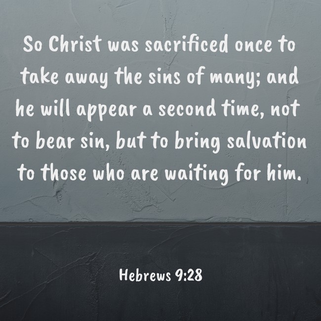 So Christ was sacrificed once to take away the sins of many; and he will appear a second time, not to bear sin, but to bring salvation to those who are waiting for him. - Hebrews 9:28