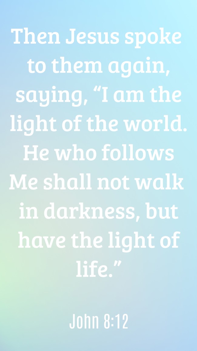  Then Jesus spoke to them again, saying, “I am the light of the world. He who follows Me shall not walk in darkness, but have the light of life.”   - John 8:12 