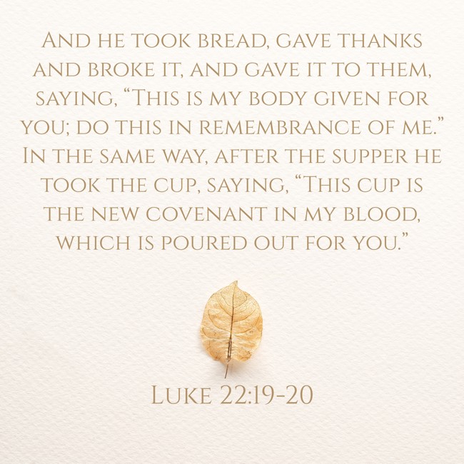 And he took bread, gave thanks and broke it, and gave it to them, saying, “This is my body given for you; do this in remembrance of me.” In the same way, after the supper he took the cup, saying, “This cup is the new covenant in my blood, which is poured out for you.” - Luke 22:19-20