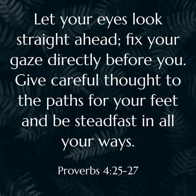 Let your eyes look straight ahead; fix your gaze directly before you. Give careful thought to the paths for your feet and be steadfast in all your ways. - Proverbs 4:25-27