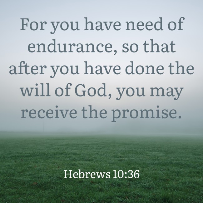 For you have need of endurance, so that after you have done the will of God, you may receive the promise. - Hebrews 10:36