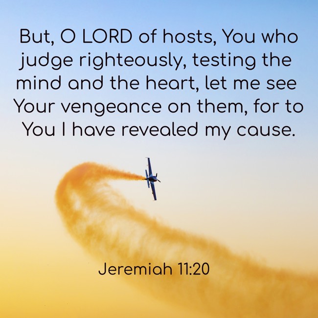  But, O LORD of hosts, You who judge righteously, testing the mind and the heart, let me see Your vengeance on them, for to You I have revealed my cause.   - Jeremiah 11:20 
