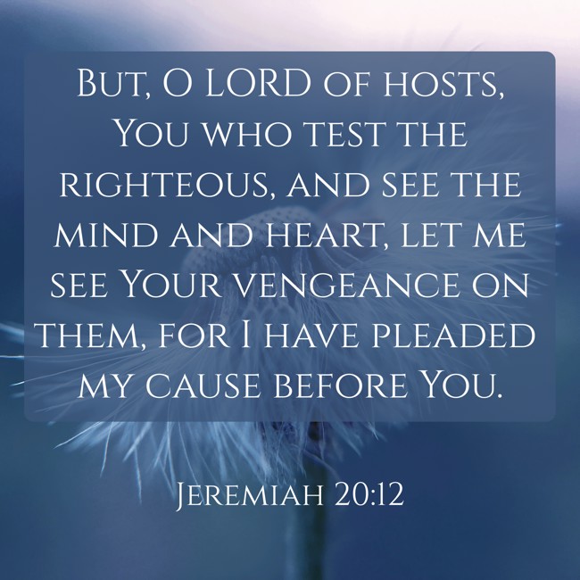 But, O LORD of hosts, You who test the righteous, and see the mind and heart, let me see Your vengeance on them, for I have pleaded my cause before You.   - Jeremiah 20:12 
