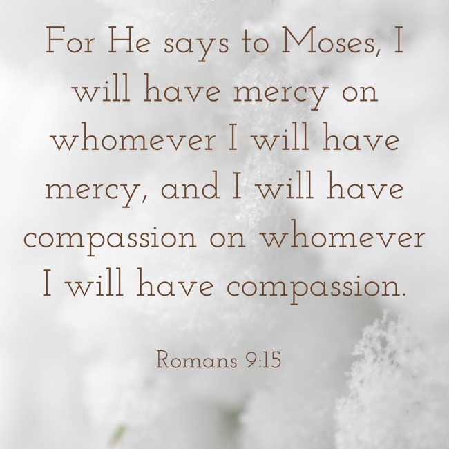  For He says to Moses, I will have mercy on whomever I will have mercy, and I will have compassion on whomever I will have compassion.   - Romans 9:15 