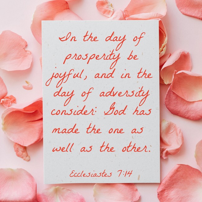 In the day of prosperity be joyful, and in the day of adversity consider: God has made the one as well as the other. - Ecclesiastes 7:14