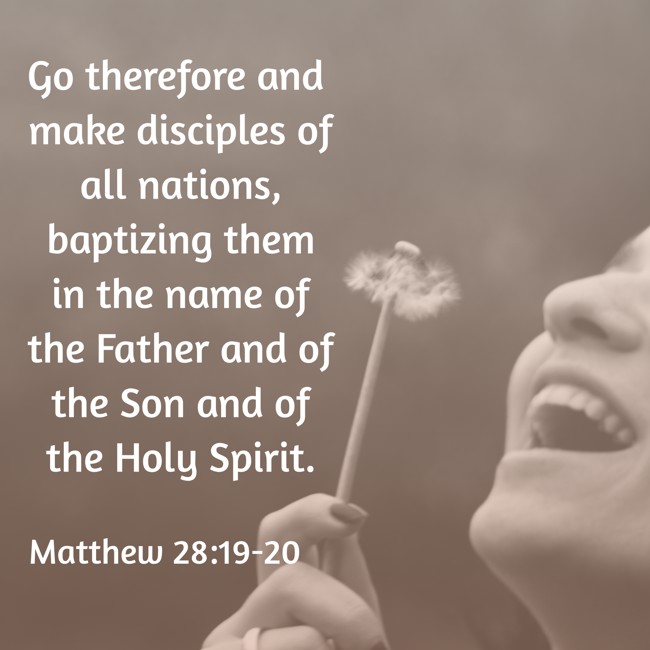 Go therefore and make disciples of all nations, baptizing them in the name of the Father and of the Son and of the Holy Spirit.
- Matthew 28:19-20