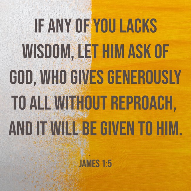 If any of you lacks wisdom, let him ask of God, who gives generously to all without reproach, and it will be given to him.
- James 1:5