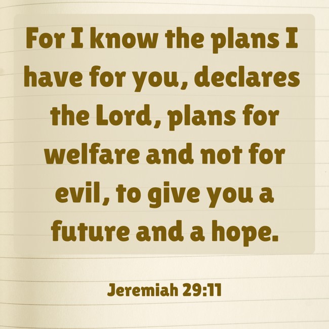 For I know the plans I have for you, declares the Lord, plans for welfare and not for evil, to give you a future and a hope.
- Jeremiah 29:11