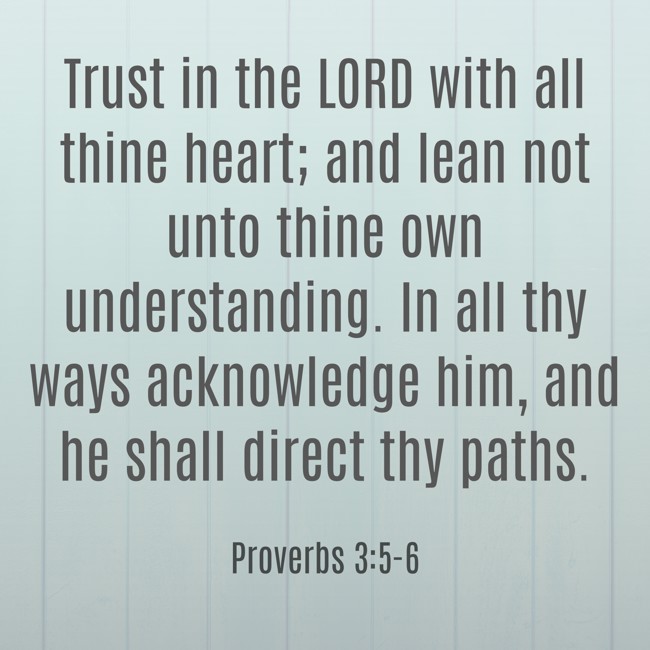 Trust in the LORD with all thine heart; and lean not unto thine own understanding. In all thy ways acknowledge him, and he shall direct thy paths. - Proverbs 3:5-6