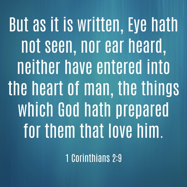 But as it is written, Eye hath not seen, nor ear heard, neither have entered into the heart of man, the things which God hath prepared for them that love him. - 1 Corinthians 2:9