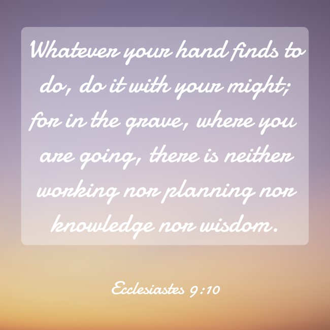 Whatever your hand finds to do, do it with your might; for in the grave, where you are going, there is neither working nor planning nor knowledge nor wisdom.   - Ecclesiastes 9:10 