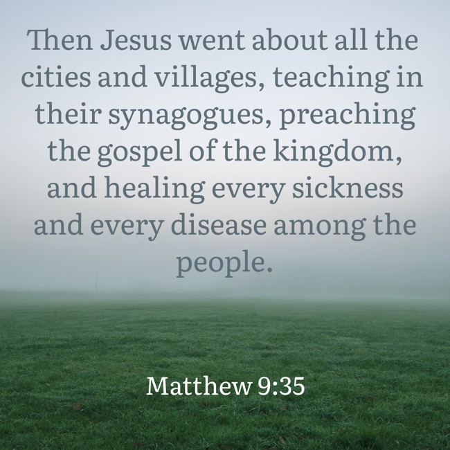 Then Jesus went about all the cities and villages, teaching in their synagogues, preaching the gospel of the kingdom, and healing every sickness and every disease among the people. - Matthew 9:35