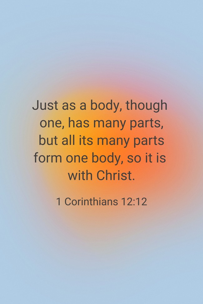 Just as a body, though one, has many parts, but all its many parts form one body, so it is with Christ. - 1 Corinthians 12:12