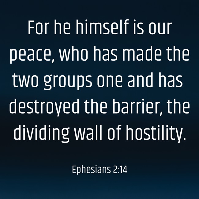 For he himself is our peace, who has made the two groups one and has destroyed the barrier, the dividing wall of hostility. - Ephesians 2:14