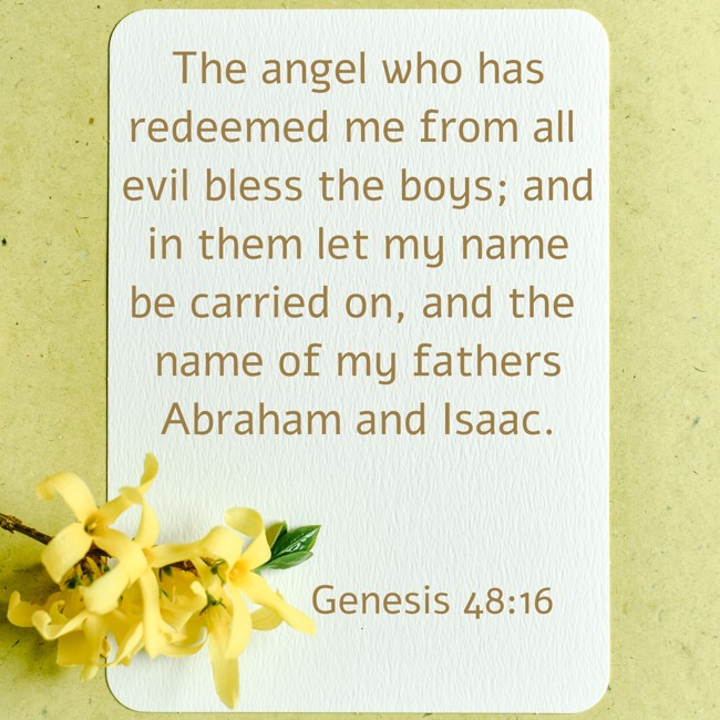 The angel who has redeemed me from all evil bless the boys; and in them let my name be carried on, and the name of my fathers Abraham and Isaac. - Genesis 48:16