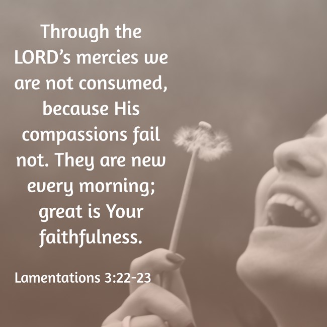 Through the LORD’s mercies we are not consumed, because His compassions fail not. They are new every morning; great is Your faithfulness. - Lamentations 3:22-23