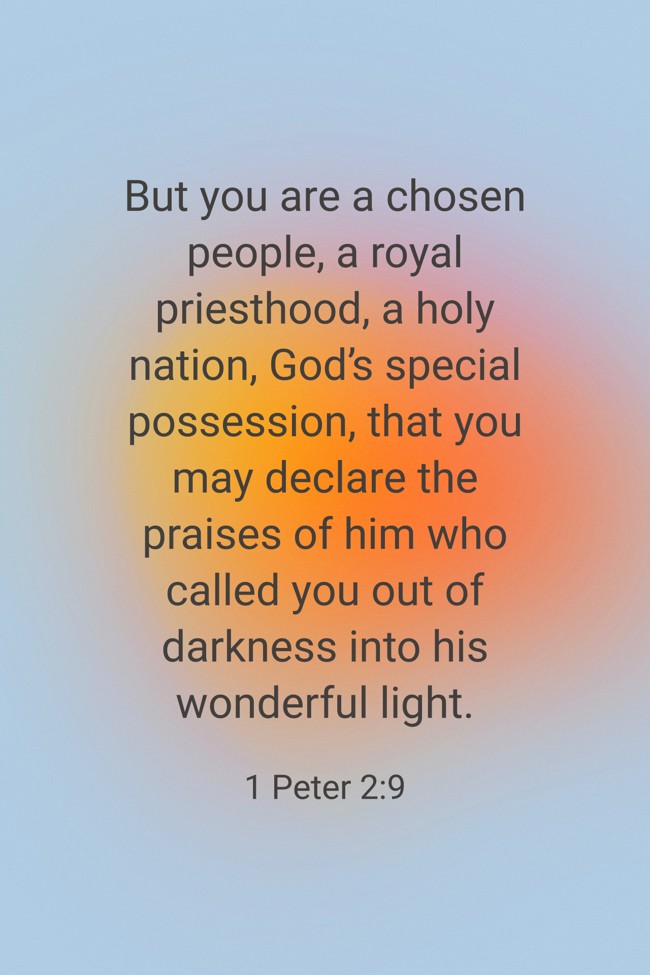 But you are a chosen people, a royal priesthood, a holy nation, God’s special possession, that you may declare the praises of him who called you out of darkness into his wonderful light. - 1 Peter 2:9