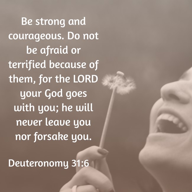 Be strong and courageous. Do not be afraid or terrified because of them, for the LORD your God goes with you; he will never leave you nor forsake you. - Deuteronomy 31:6