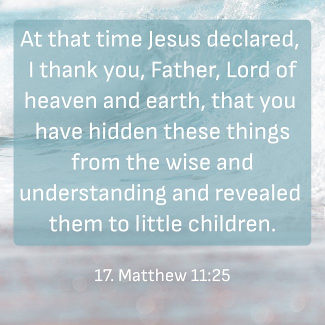 At that time Jesus declared, I thank you, Father, Lord of heaven and earth, that you have hidden these things from the wise and understanding and revealed them to little children. - 17. Matthew 11:25