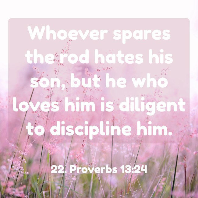 Whoever spares the rod hates his son, but he who loves him is diligent to discipline him. - 22. Proverbs 13:24