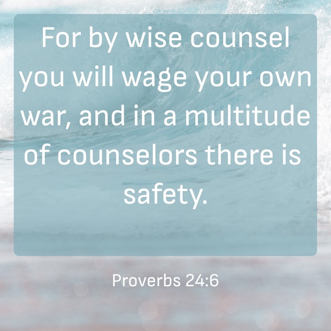For by wise counsel you will wage your own war, and in a multitude of counselors there is safety. - Proverbs 24:6