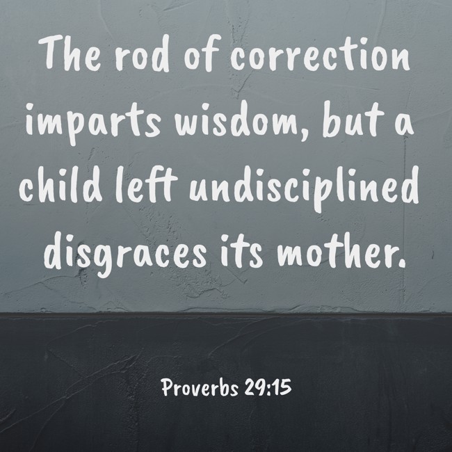 The rod of correction imparts wisdom, but a child left undisciplined disgraces its mother. - Proverbs 29:15