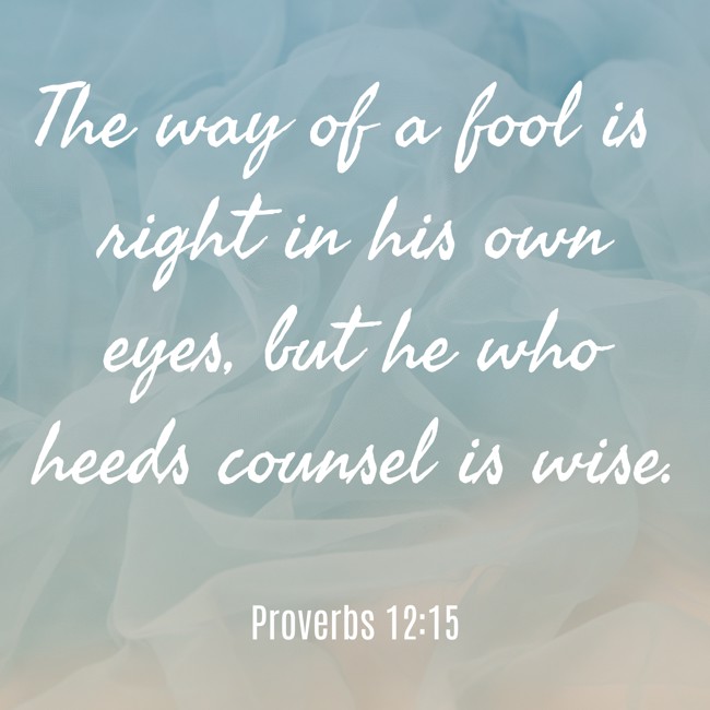 The way of a fool is right in his own eyes, but he who heeds counsel is wise. - Proverbs 12:15