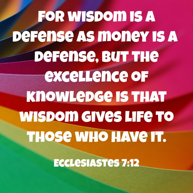 For wisdom is a defense as money is a defense, but the excellence of knowledge is that wisdom gives life to those who have it. - Ecclesiastes 7:12