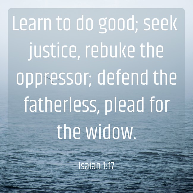 Learn to do good; seek justice, rebuke the oppressor; defend the fatherless, plead for the widow. - Isaiah 1:17