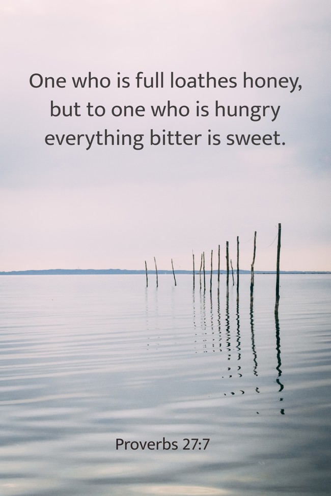 One who is full loathes honey, but to one who is hungry everything bitter is sweet. - Proverbs 27:7