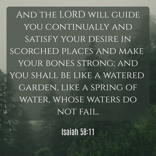 And the LORD will guide you continually and satisfy your desire in scorched places and make your bones strong; and you shall be like a watered garden, like a spring of water, whose waters do not fail. - Isaiah 58:11