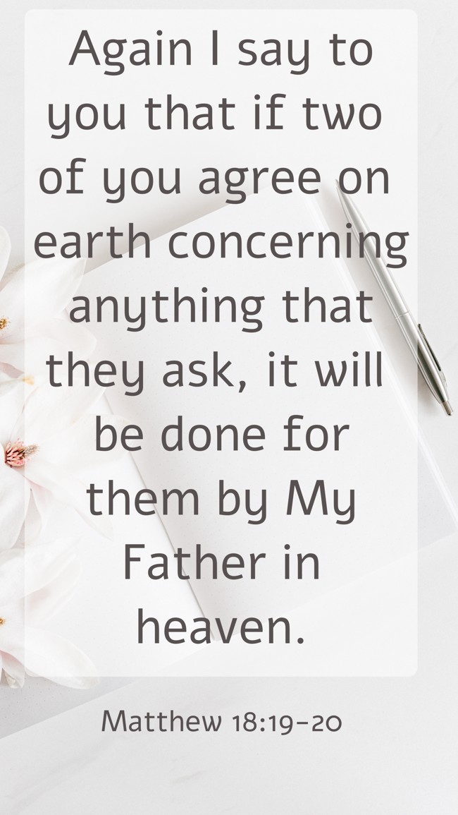 Again I say to you that if two of you agree on earth concerning anything that they ask, it will be done for them by My Father in heaven. - Matthew 18:19-20