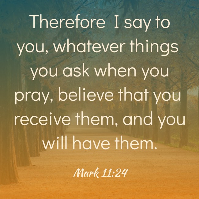 Therefore I say to you, whatever things you ask when you pray, believe that you receive them, and you will have them. - Mark 11:24