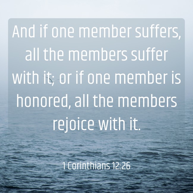 And if one member suffers, all the members suffer with it; or if one member is honored, all the members rejoice with it. - 1 Corinthians 12:26