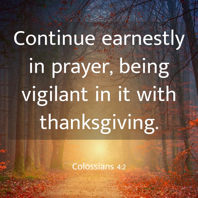  Continue earnestly in prayer, being vigilant in it with thanksgiving.   - Colossians 4:2 