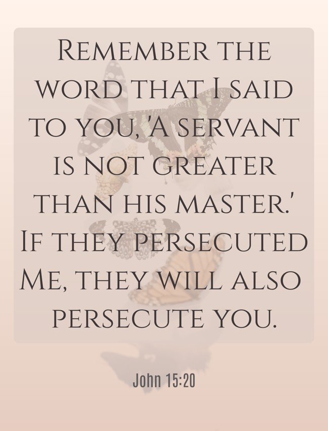 Remember the word that I said to you, 'A servant is not greater than his master.' If they persecuted Me, they will also persecute you. - John 15:20