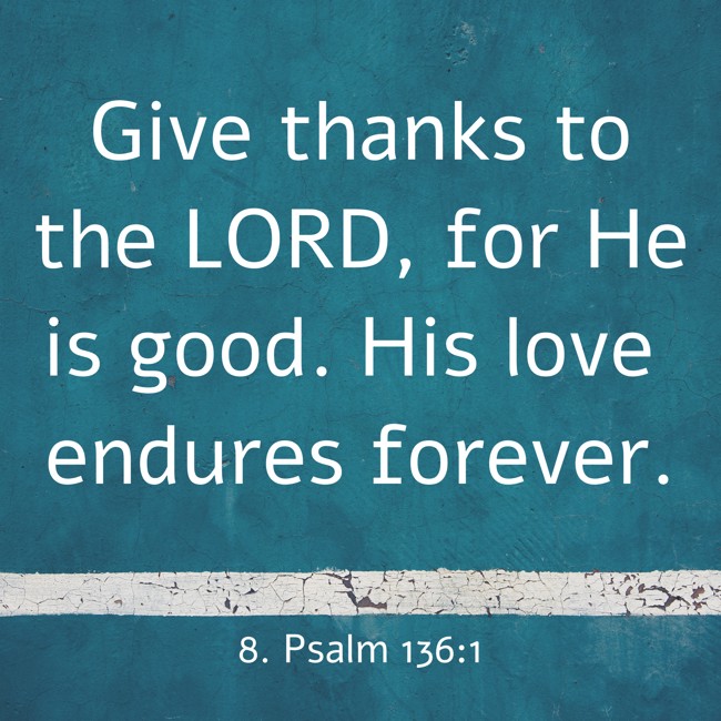 Give thanks to the LORD, for He is good. His love endures forever. - 8. Psalm 136:1