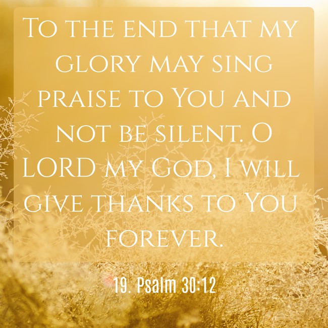 To the end that my glory may sing praise to You and not be silent. O LORD my God, I will give thanks to You forever. - 19. Psalm 30:12