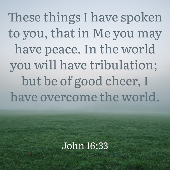 These things I have spoken to you, that in Me you may have peace. In the world you will have tribulation; but be of good cheer, I have overcome the world. - John 16:33