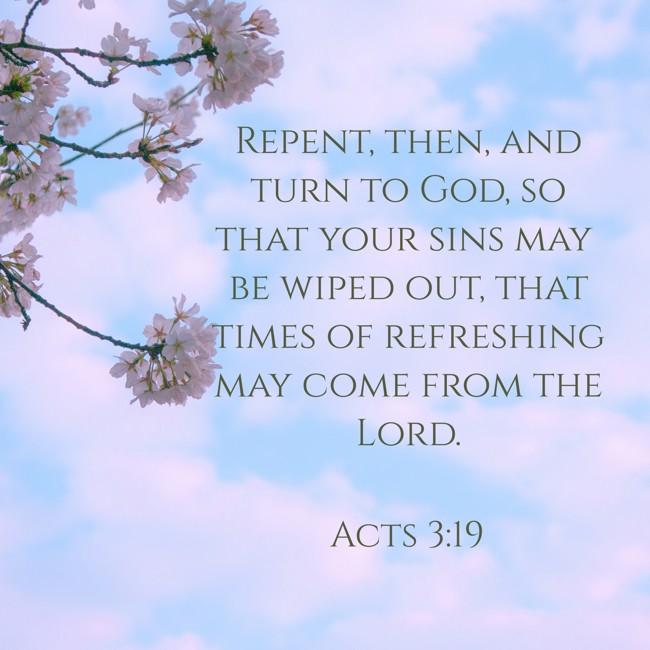  Repent, then, and turn to God, so that your sins may be wiped out, that times of refreshing may come from the Lord.   - Acts 3:19 