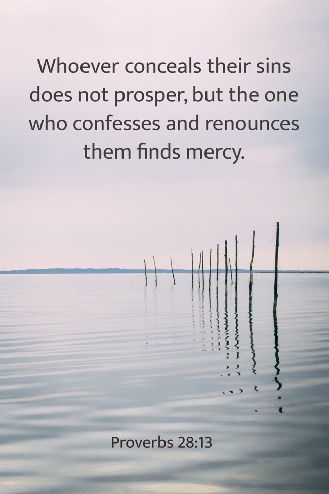 Whoever conceals their sins does not prosper, but the one who confesses and renounces them finds mercy.   - Proverbs 28:13 