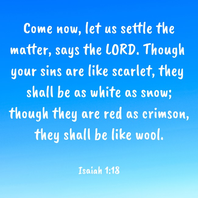  Come now, let us settle the matter, says the LORD. Though your sins are like scarlet, they shall be as white as snow; though they are red as crimson, they shall be like wool.   - Isaiah 1:18 