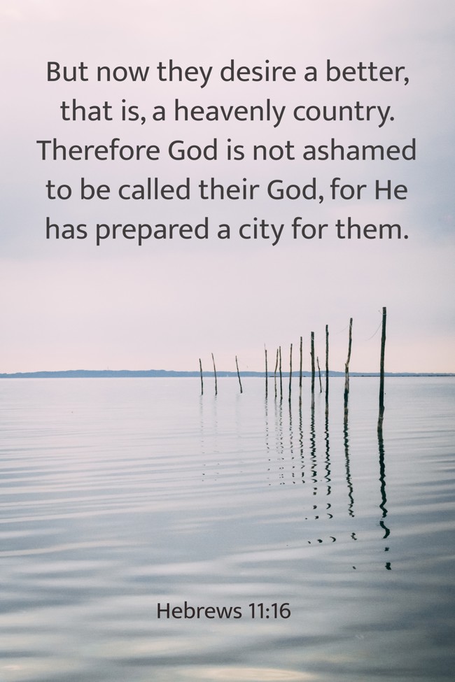 But now they desire a better, that is, a heavenly country. Therefore God is not ashamed to be called their God, for He has prepared a city for them. - Hebrews 11:16