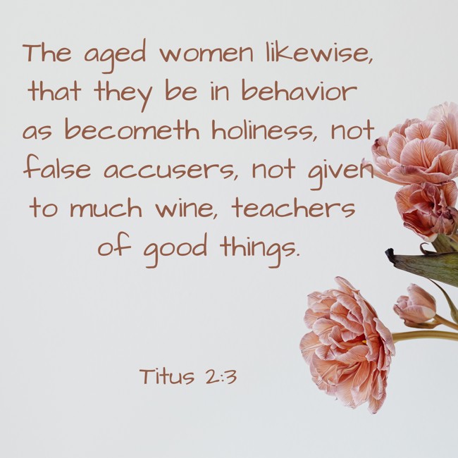 The aged women likewise, that they be in behavior as becometh holiness, not false accusers, not given to much wine, teachers of good things. - Titus 2:3