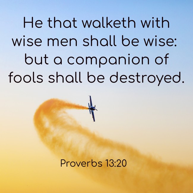 He that walketh with wise men shall be wise: but a companion of fools shall be destroyed. - Proverbs 13:20