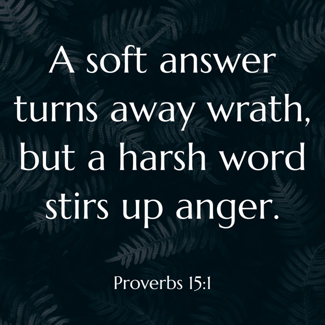 A soft answer turns away wrath, but a harsh word stirs up anger. - Proverbs 15:1