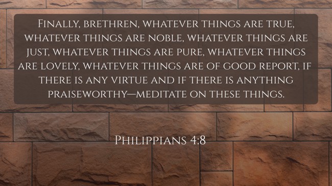 Finally, brethren, whatever things are true, whatever things are noble, whatever things are just, whatever things are pure, whatever things are lovely, whatever things are of good report, if there is any virtue and if there is anything praiseworthy—meditate on these things. - Philippians 4:8