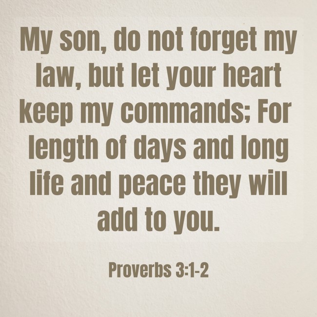  My son, do not forget my law, but let your heart keep my commands; For length of days and long life and peace they will add to you.   - Proverbs 3:1-2 
